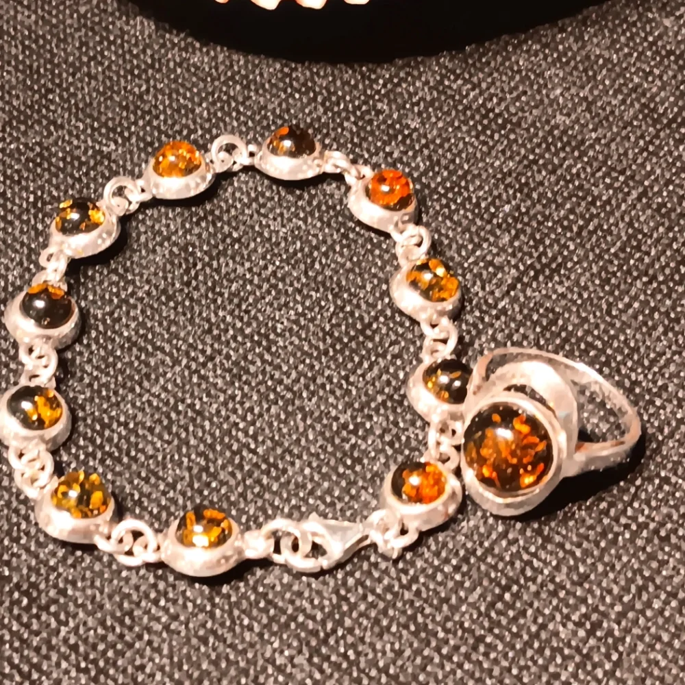 Set Baltic Amber Bracelet Ring Sterling Silver - Picture 9 of 15